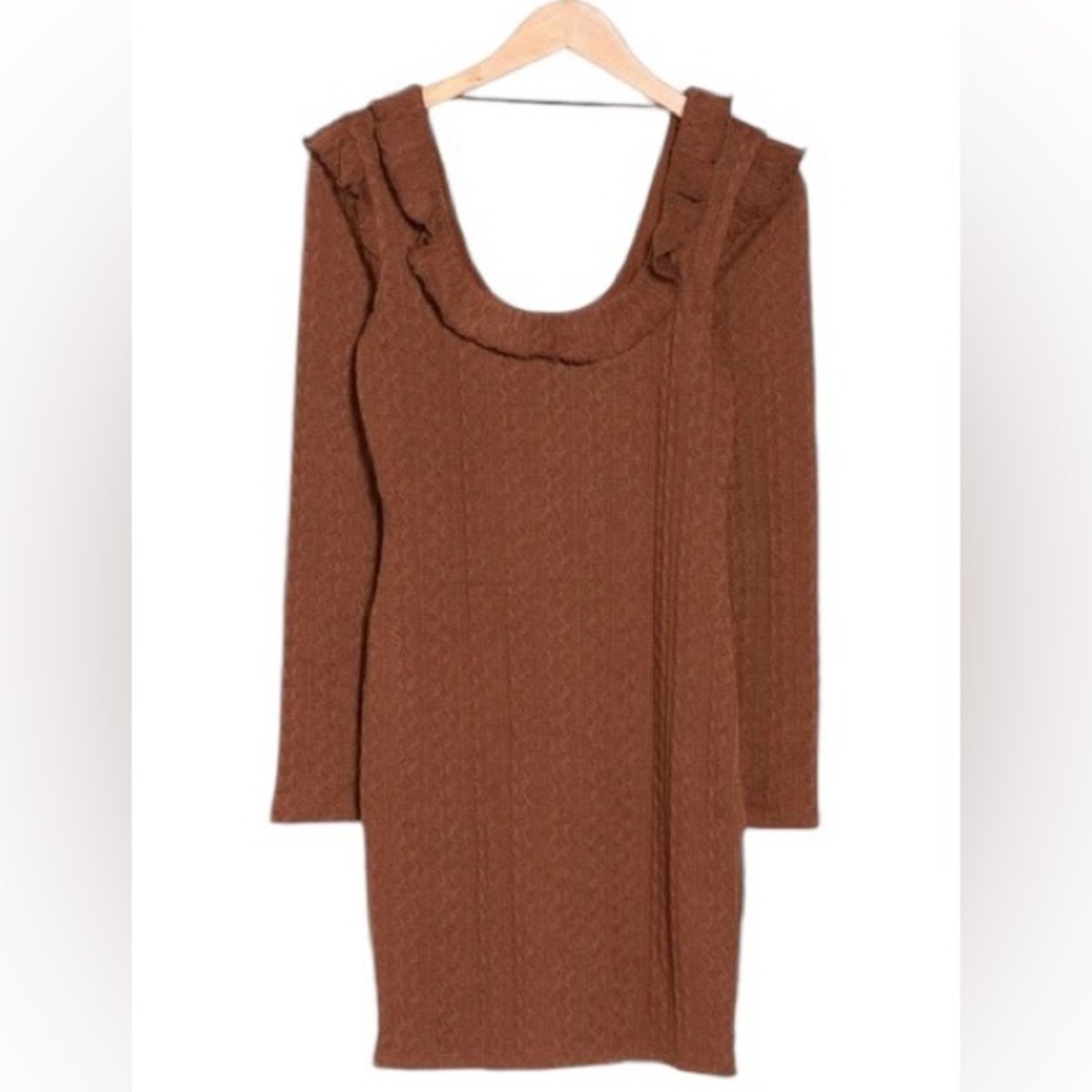 NWOT 19 COOPER Ruffle Long Sleeve Knit Dress In Brown SZ S